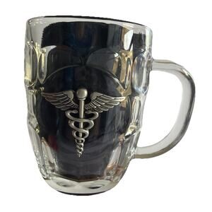 Mug Pewter Caduceus Medallion Heavy Duty Dimpled Clear Glass Medical Insignia
